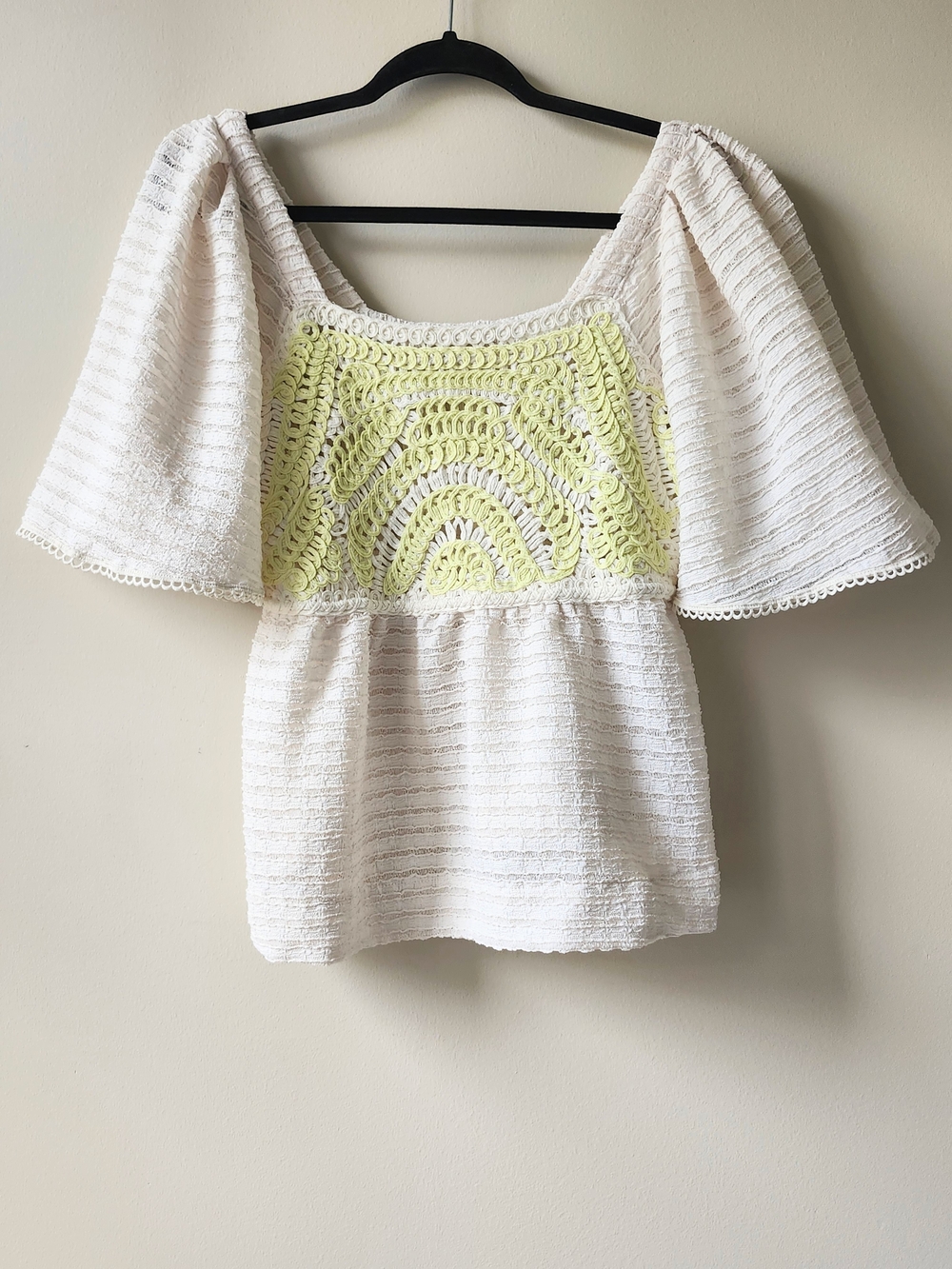Dex White Top with Chartreuse Crochet Panel